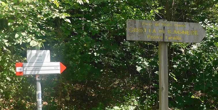 Trail markings for Saint Agnese’s cave and rock formation called “Pecore Tarmiti” (Petrified sheep) in Monte Cucco Park