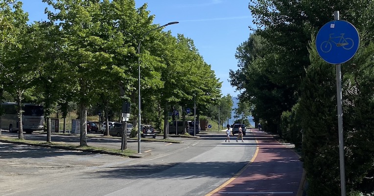 Pista ciclabile affiancata da una strada alberata, con persone che camminano in lontananza e segnaletica ciclabile visibile.