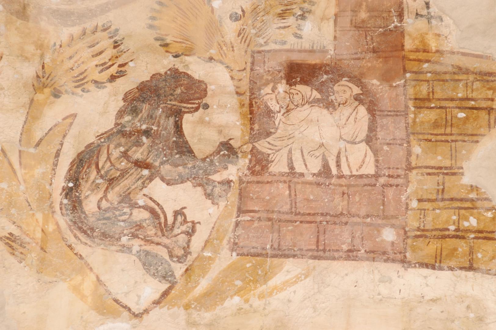 Fresque médiévale représentant saint Jérôme retirant une épine de la patte d’un lion.
