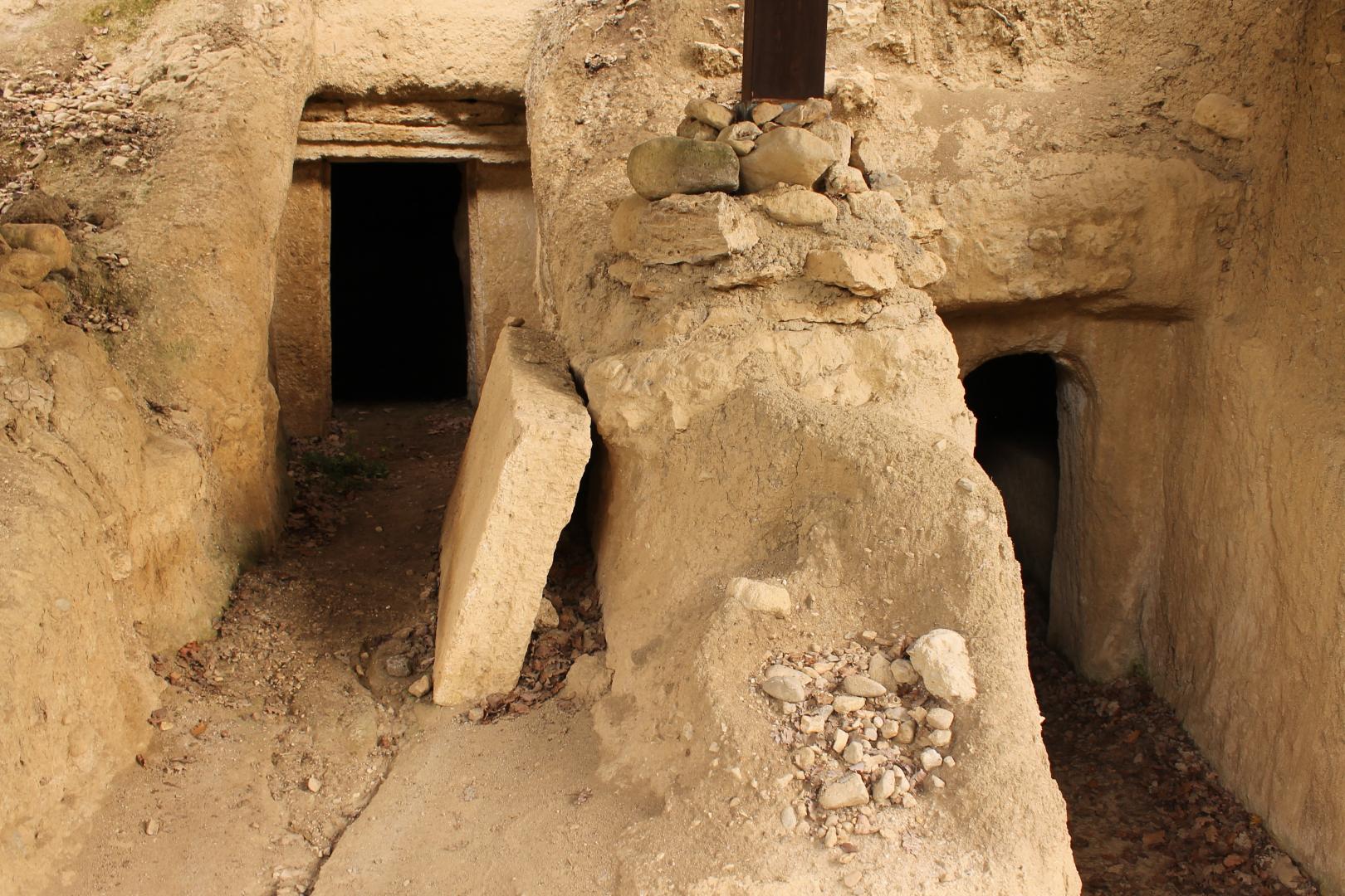 Entrée de tombes étrusques creusées dans la roche avec des ouvertures rectangulaires et des vestiges d’anciens murs effondrés.