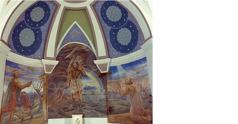 Affresco con San Cristoforo che attraversa il fiume con Gesù Bambino, scene pastorali e cielo stellato su una cupola.