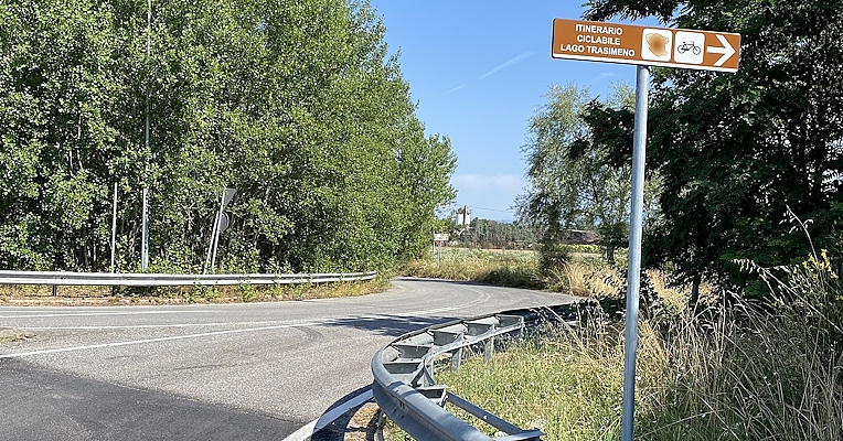 Geschwungene Straße mit Schildern des Trasimeno-Radwegs, umgeben von Bäumen und Vegetation.