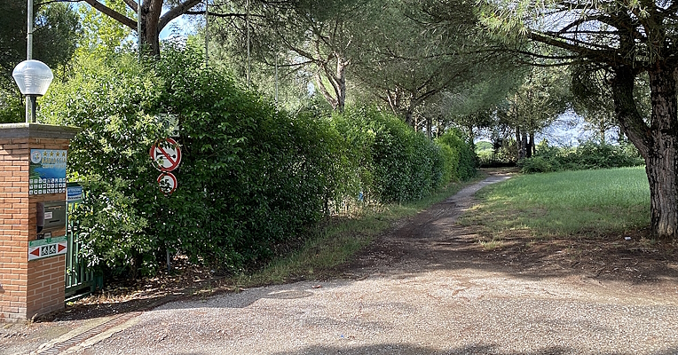 Schotterweg neben dem Eingang eines Campingplatzes, umgeben von Bäumen und grüner Vegetation, mit Verbotsschildern.