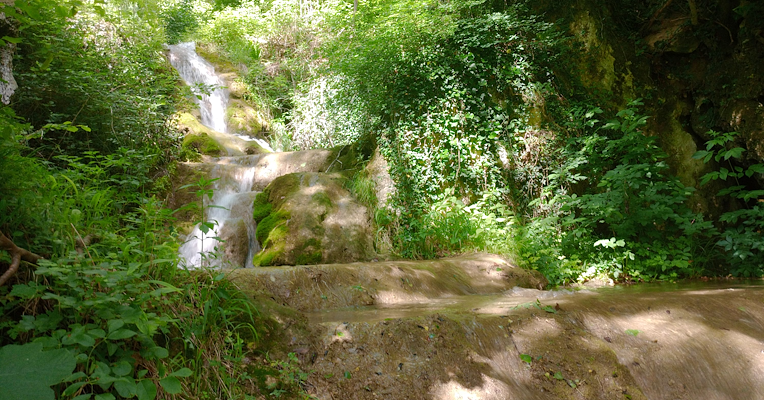 Vista dal basso della Cascata delle Rote di Sellano, con i banchi di travertino fitotermali in primo piano e la rigogliosa vegetazione ai lati della Cascata