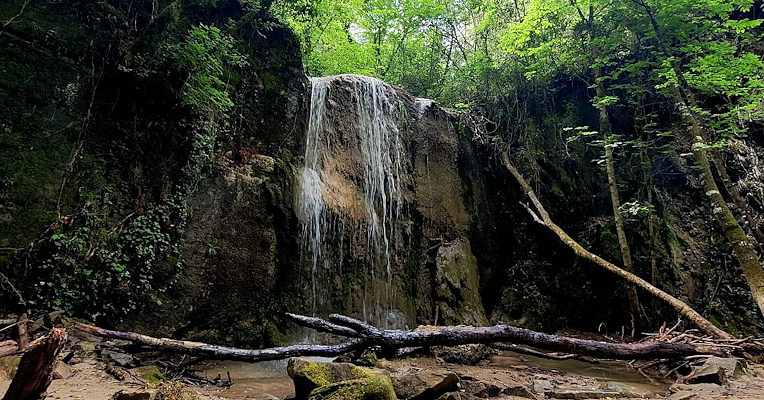 Blick von unten auf den Wasserfall auf dem Weg entlang des Baches, der in der Nähe der Sorgente di Monte Lauro in Bettona fließt, mit einem großen Ast, der in der Nähe des Wasserfalls herunterfällt