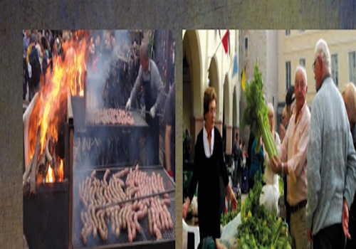 detail of sausage cooking during the sausage and black celery festival and portrait of 3 people during the black celery exhibition market - Trevi