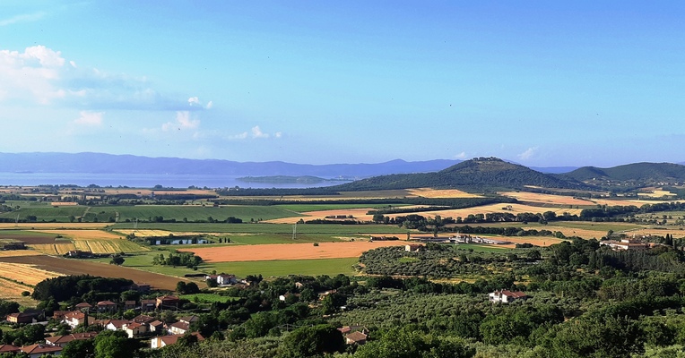  Panorama from Panicale over golden fields, green hills and Lake Trasimeno on the horizon. 