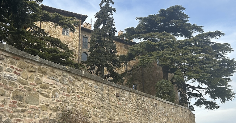 Vista della facciata laterale del Castello di Montesperello, con il suo suggestivo muro di cinta e le antiche strutture riedificate