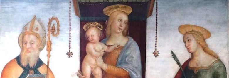 Titolo: Madonna mit Kind auf dem Thron zwischen dem Heiligen Blasius mit Bischofsstab und Kelch sowie der Heiligen Katharina von Alexandrien mit der Märtyrerpalme. 